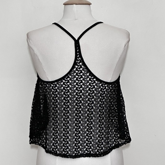 Vintage Y2K Womens Top L Black Sheer Lace A Line Crop Racer Back Tank Whimsigoth - Picture 7 of 11